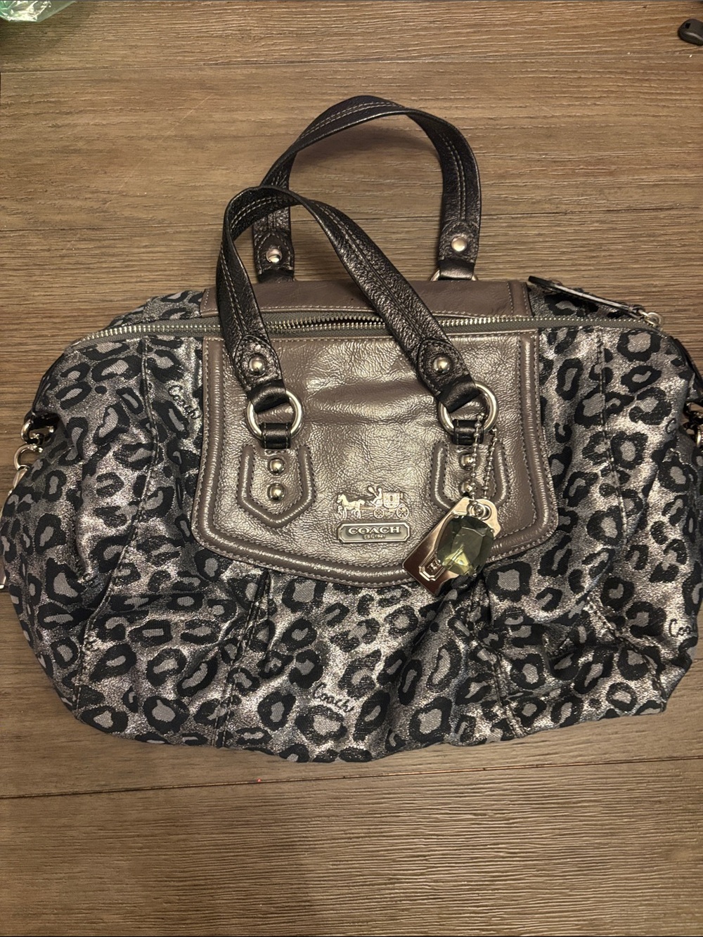 Coach Metallic Grey Leopard Satchel with Leather Trim